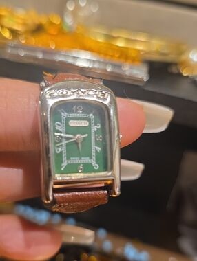 Coach Silver-Tone Watch with Green Dial and Brown Leather Strap